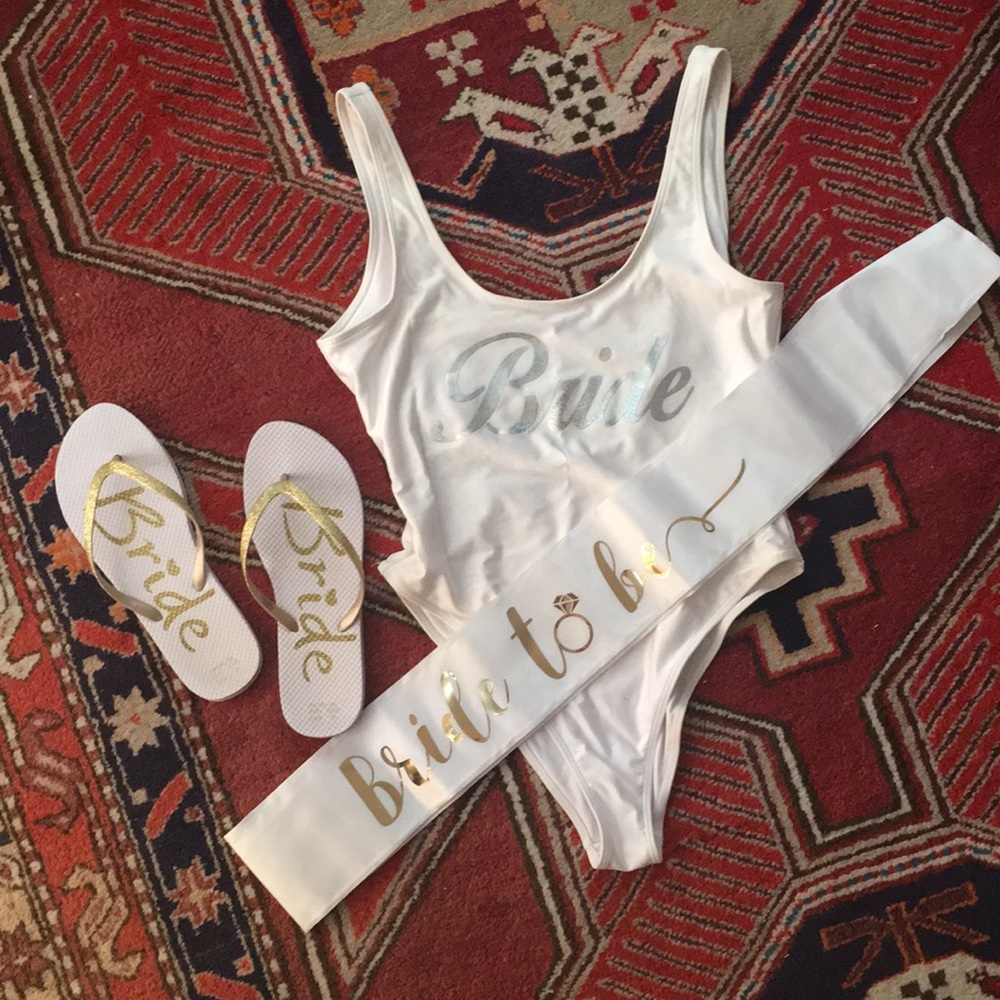Bride swimsuit, shoes and sash